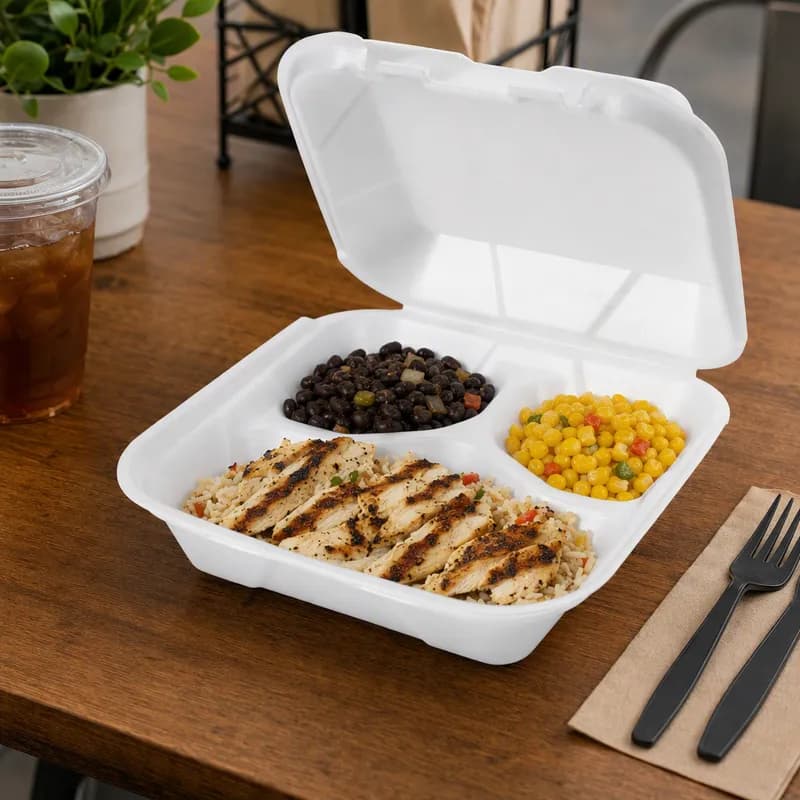 Take-Out Container Hinged 8X8 IN 3 Compartment Polystyrene Foam White 200/Case