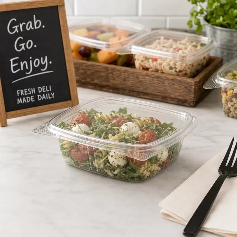 Deli Container Hinged With Flat Lid 8 OZ RPET Clear Rectangle 100 Count/Box 2 Box/Case
