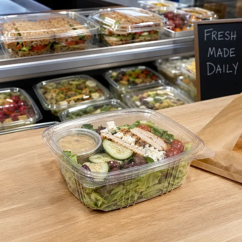 Deli Container Hinged With Flat Lid 32 OZ RPET Clear Rectangle 200/Case