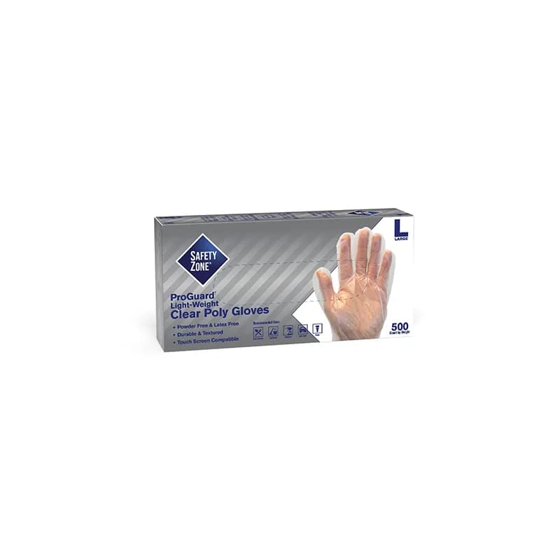 Safety Zone® Gloves Large (LG) Clear PE Powder-Free 500 Count/Pack 2 Packs/Case 1000 Count/Case