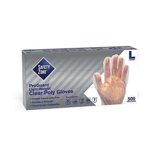 Safety Zone® Gloves Large (LG) Clear PE Powder-Free 500 Count/Pack 2 Packs/Case 1000 Count/Case