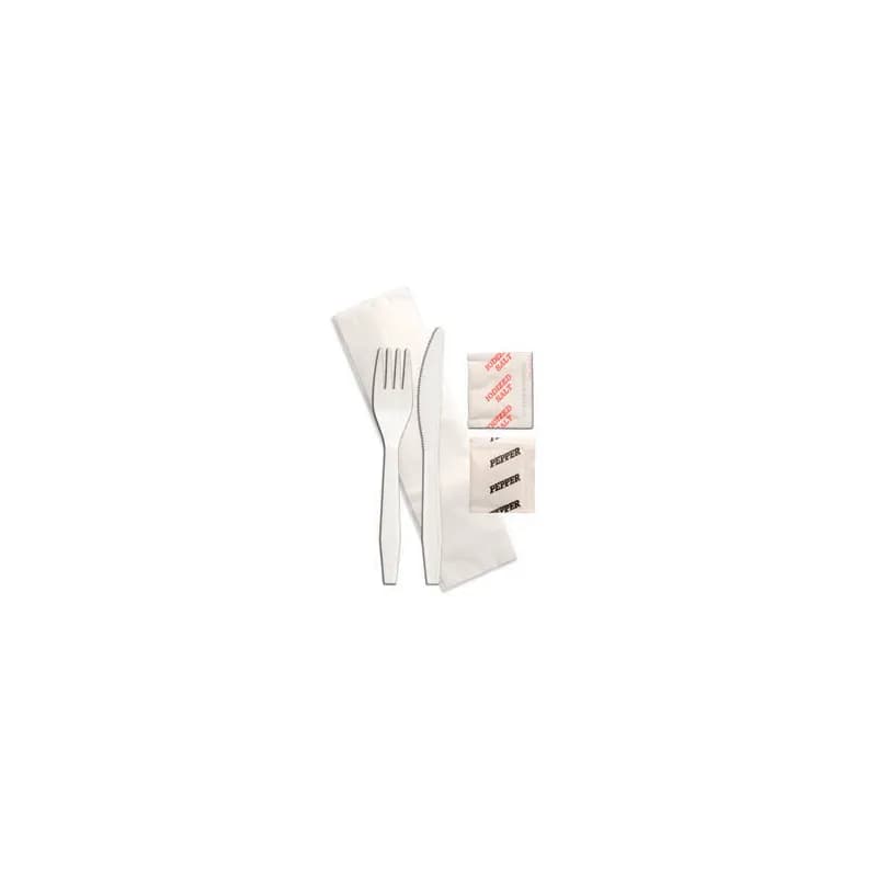 WNA 5PC Cutlery Kit White Medium Weight With Napkin,Fork,Knife,Salt & Pepper 250/Case