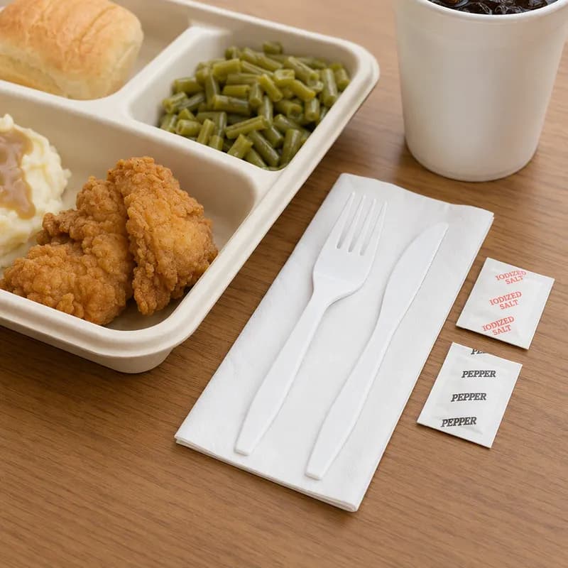 WNA 5PC Cutlery Kit White Medium Weight With Napkin,Fork,Knife,Salt & Pepper 250/Case