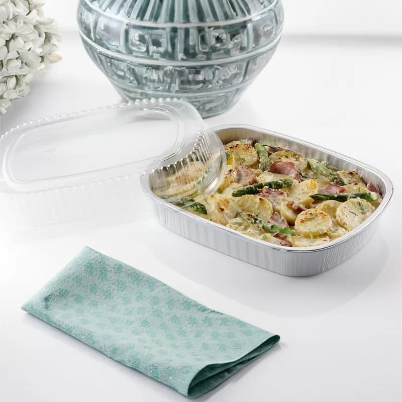 Gourmet-To-Go® Take-Out Container Base & Lid Combo With Plastic Dome Lid Large (LG) 72 OZ Aluminum Silver 50/Case