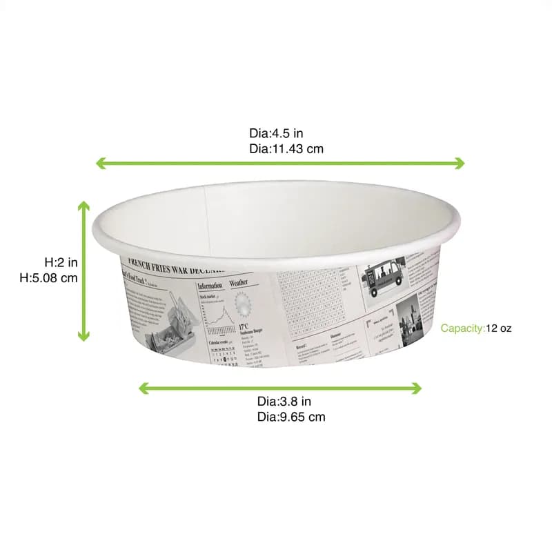 Food Container Base 12 OZ Paper Black White Newspaper Print Round 50 Count/Pack 10 Packs/Case 500 Count/Case
