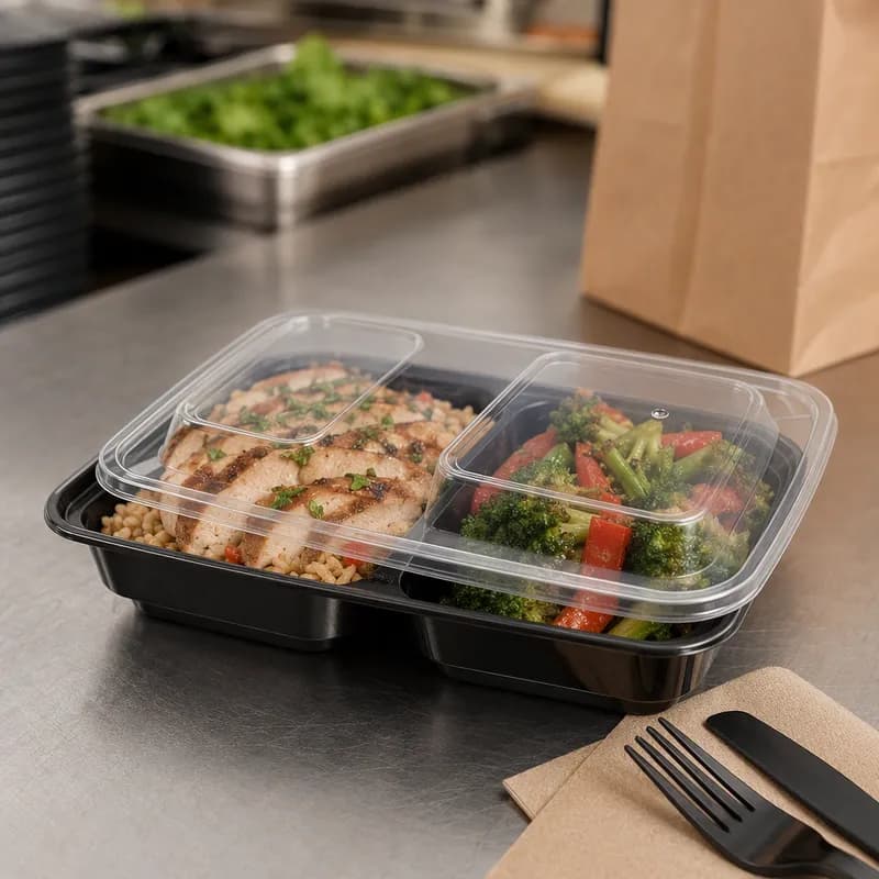 Take-Out Container Base & Lid Combo With Dome Lid 28 OZ 2 Compartment Plastic Black Clear Rectangle 150/Case