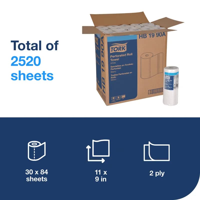 Household & Kitchen Roll Paper Towel 8.625X11 IN 60.375 FT 2PLY White Standard Perforated Embossed 84 Sheets/Roll 30 Rolls/Case