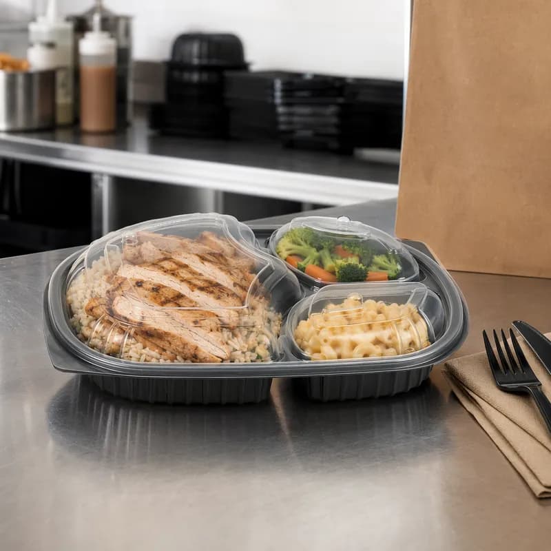 Take-Out Container Base & Lid Combo 3 Compartment PP Black Clear Microwave Safe 126/Case