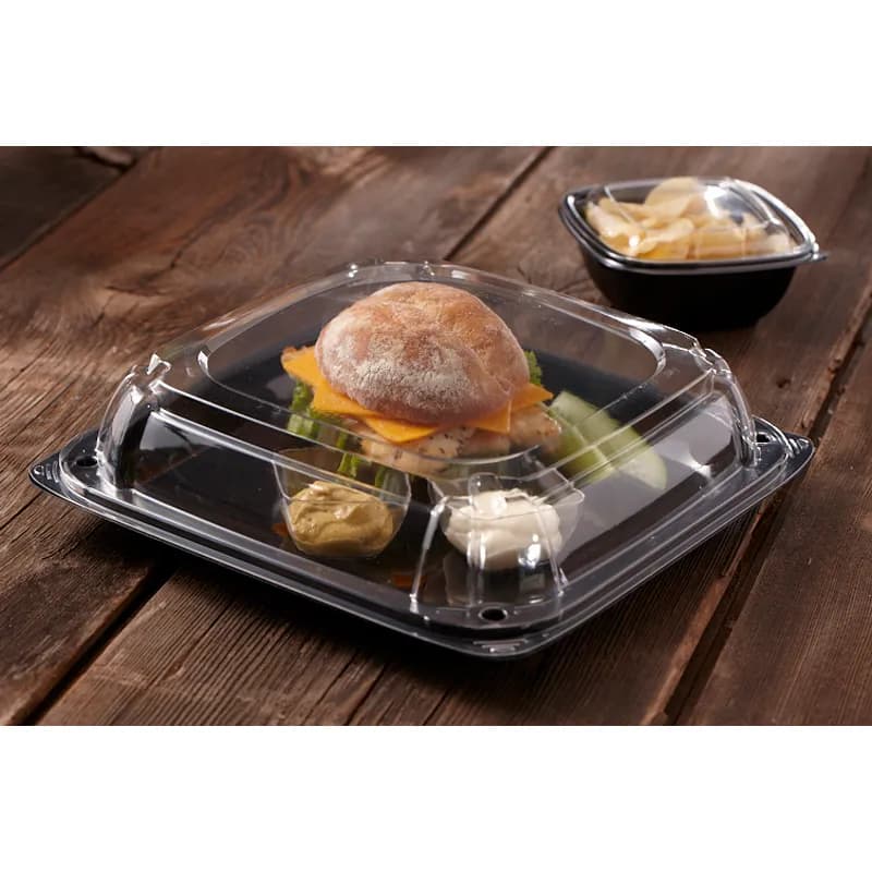 UltraStack® Take-Out Container Base & Lid Combo With Dome Lid 10.7X10.7X2.75 IN PET Black Clear Square 25/Case