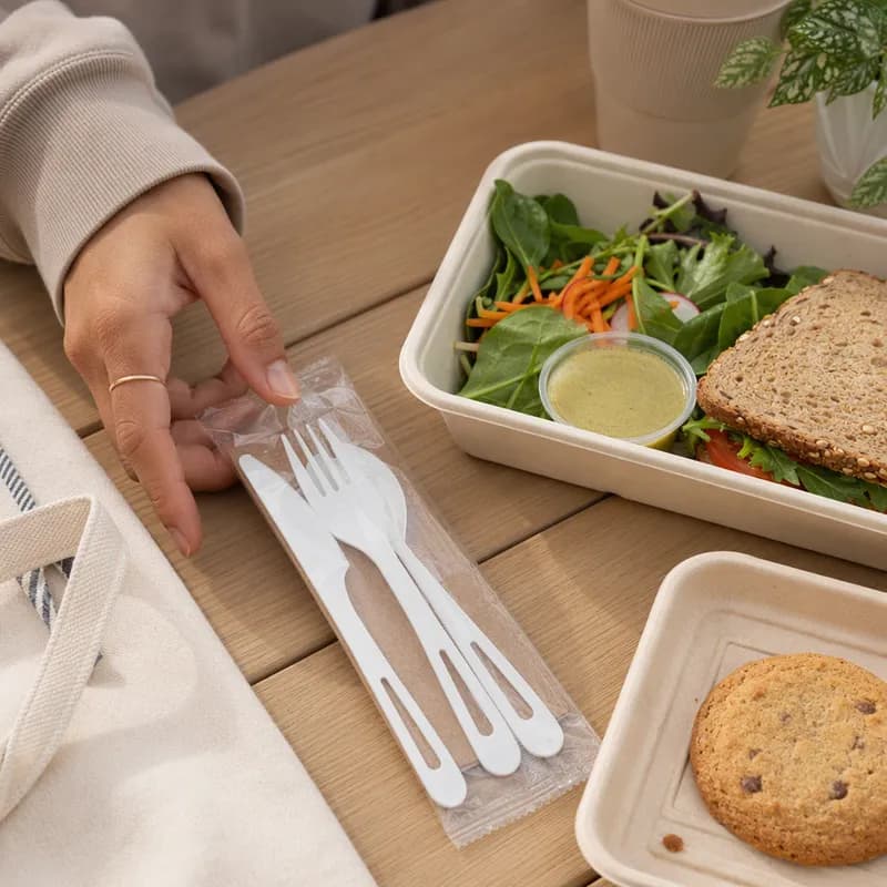4PC Cutlery Kit TPLA White Individually Wrapped With Kraft Napkin,Fork,Knife,Spoon 250/Case