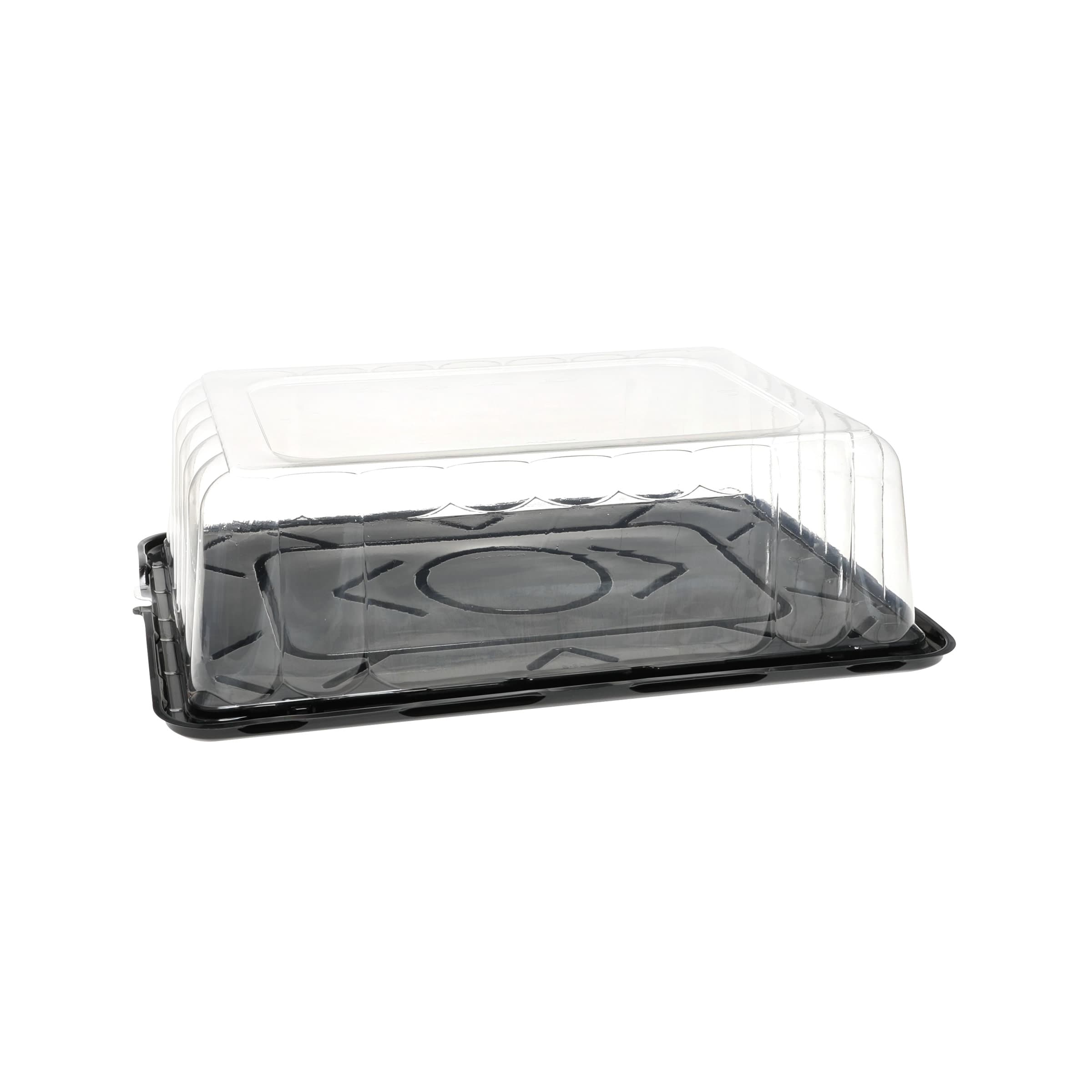 RoseDome 1/4 Sheet Cake Container & Lid Combo With Dome Lid 15X11X4.25 IN PET Clear Black Rectangle Short Tab 50/Case