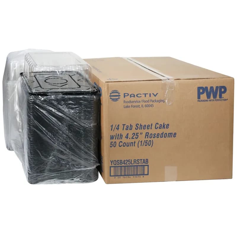 RoseDome 1/4 Sheet Cake Container & Lid Combo With Dome Lid 15X11X4.25 IN PET Clear Black Rectangle Short Tab 50/Case