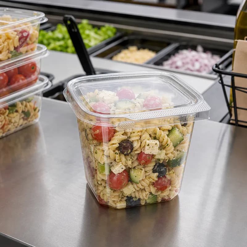 Safe-T-Fresh® Deli Container Hinged With Flat Lid 32 OZ RPET Clear Square 240/Case