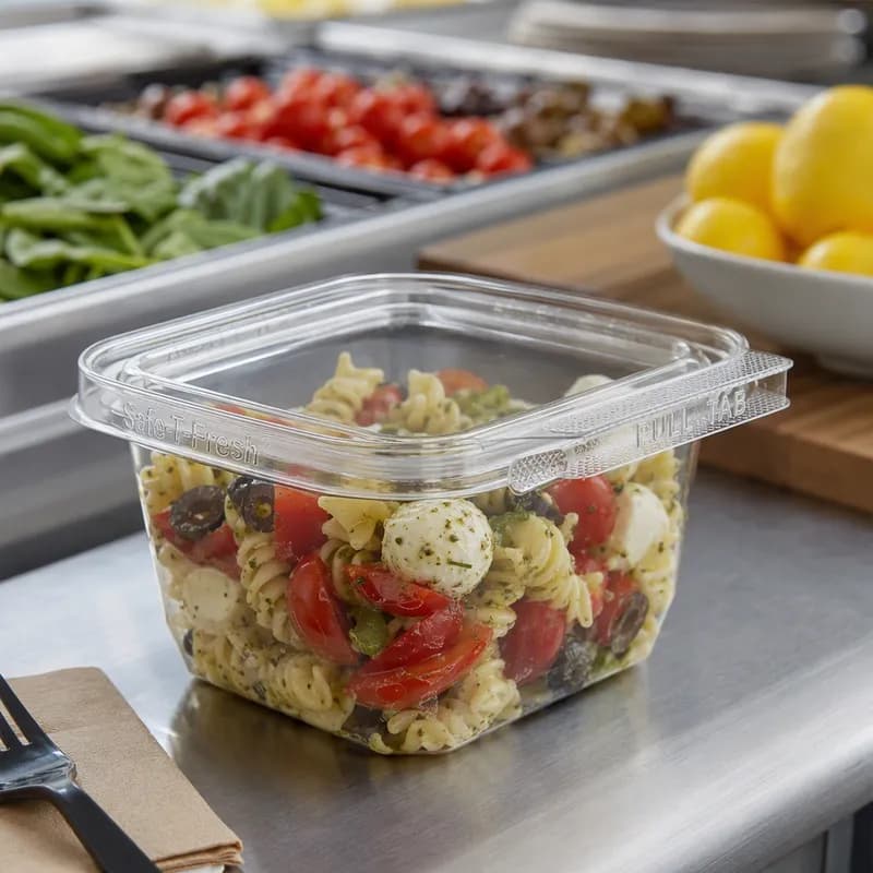 Safe-T-Fresh® Deli Container Hinged With Flat Lid 16 OZ RPET Clear Square 276/Case