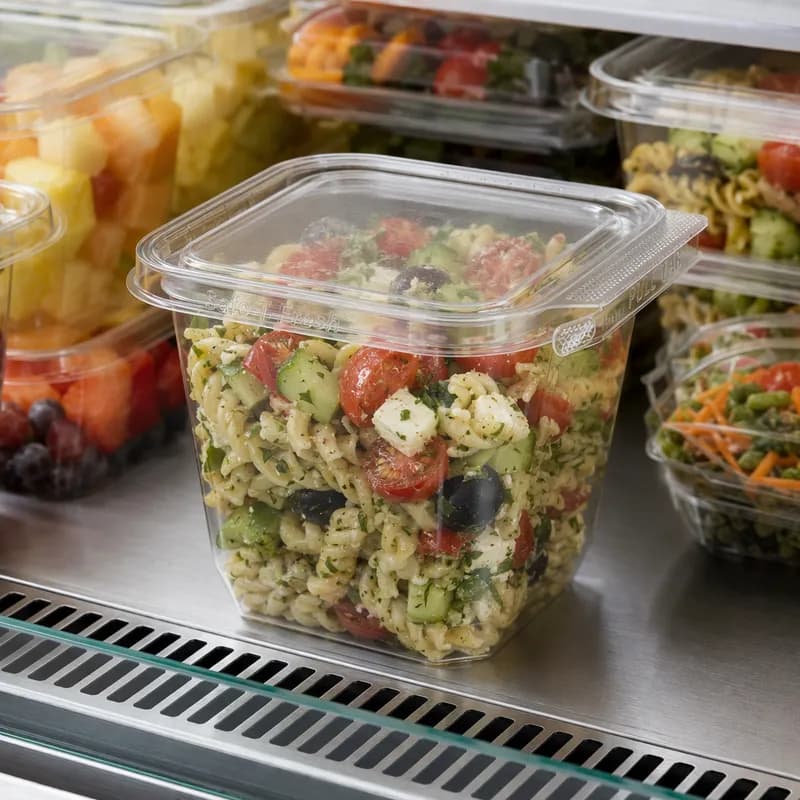 Safe-T-Fresh® Deli Container Hinged With Flat Lid 24 OZ RPET Clear Square 264/Case