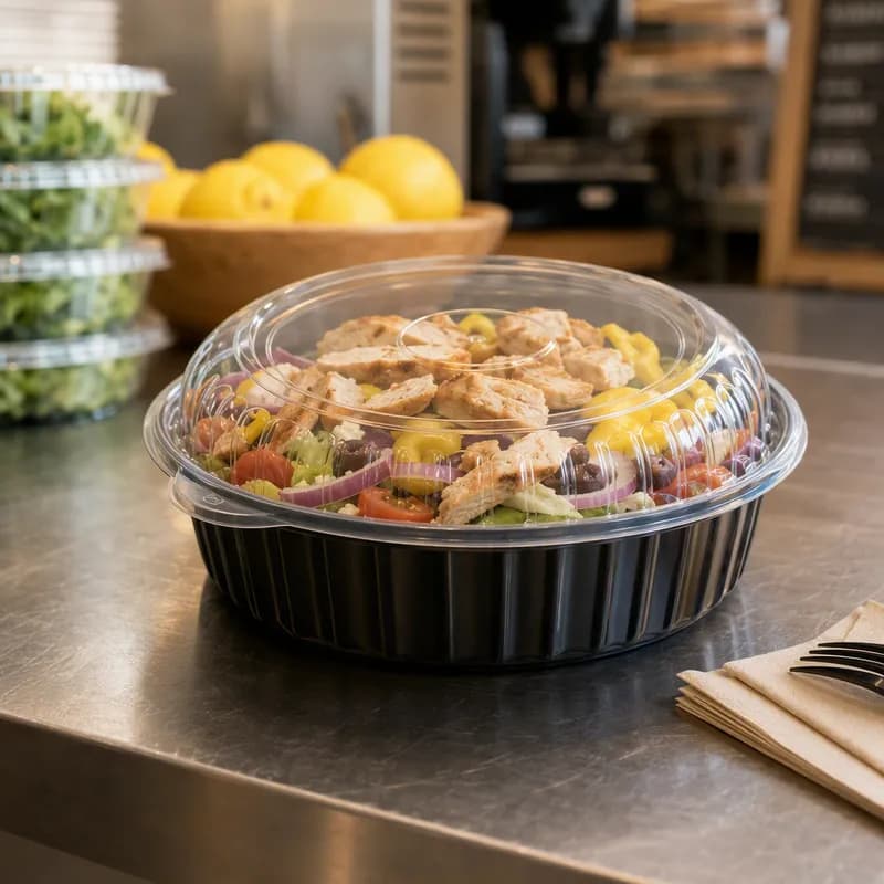 Take-Out Container Base & Lid Combo With Dome Lid 7 IN Plastic Black Clear Round Deep 150/Case