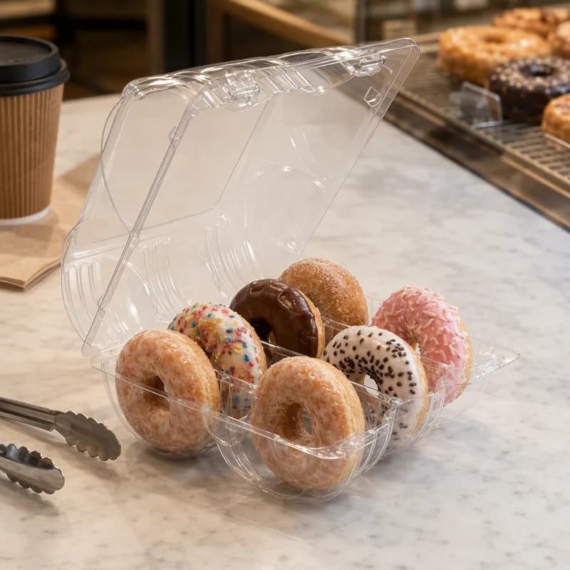 Essentials SureLock Donut Hinged Container With Dome Lid 5X7.5625X3.5625 IN 6 Compartment RPET Clear Rectangle 192/Case