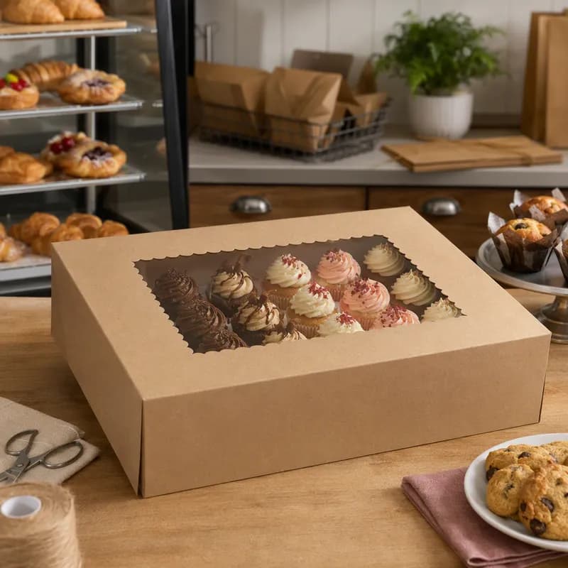 Bakery Box 19X14X4 IN Paperboard Kraft 4 Corner 1-Piece Automatic With Window 50/Case
