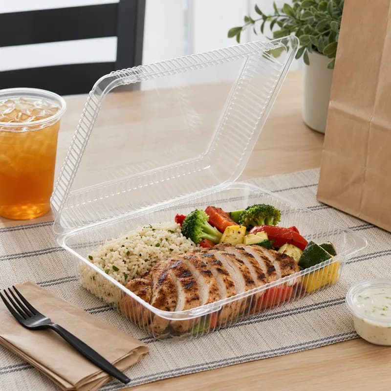 Essentials Take-Out Container Hinged With Dome Lid 12.1875X8.75X2.75 IN RPET Clear Rectangle 150/Case