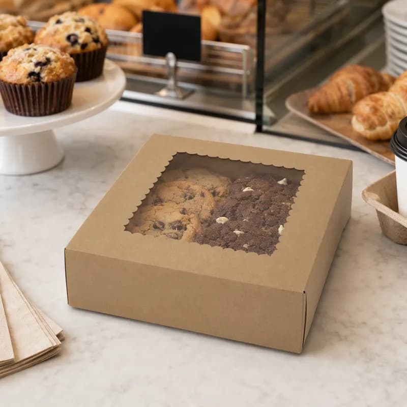 Bakery Box 9X9X2.5 IN Paperboard Kraft 4 Corner 1-Piece Automatic With Window 250/Bundle