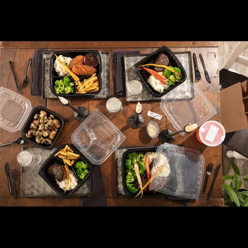 Take-Out Container Hinged With Dome Lid 10.5X9.5X3.1 IN PP Black Clear Rectangle 132/Case