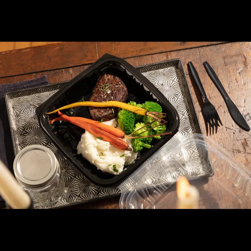 Take-Out Container Hinged 8.5X8.6X3.1 IN PP Black Clear Square Microwave Safe Vented 150/Case