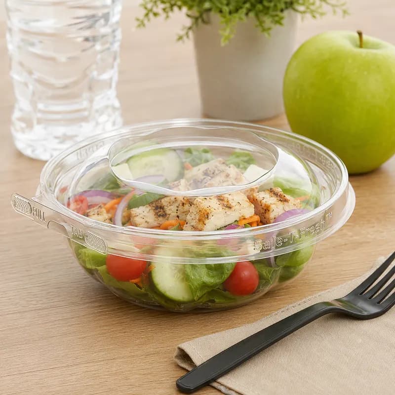 Safe-T-Fresh® Deli Container Hinged With Dome Lid 8 OZ RPET Clear Round Tamper-Evident 240/Case