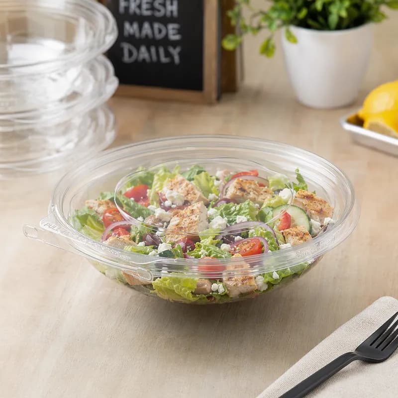 Safe-T-Fresh® Bowl & Lid Combo With Dome Lid 48 OZ RPET Clear Round Shallow Hinged 100/Case