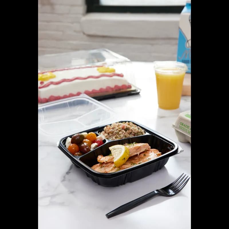 Take-Out Container Hinged With Dome Lid 8.5X8.6X3.1 IN 3 Compartment PP Black Clear Square 150/Case