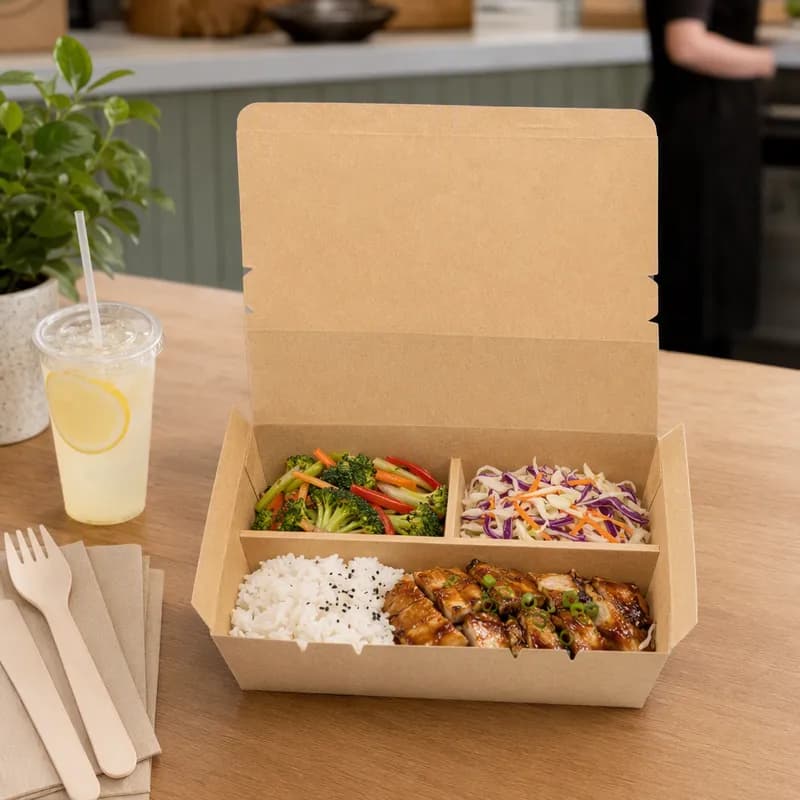 Bento Box With Flat Lid 7X9X3 IN 3 Compartment Paper Wood Rectangle 200/Case