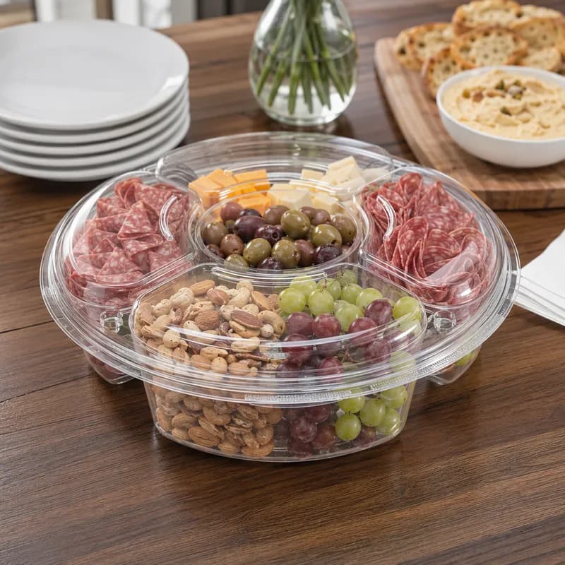 Essentials Deli Container Base & Lid Combo With Dome Lid 142 OZ 5 Compartment RPET Clear Round 50/Case