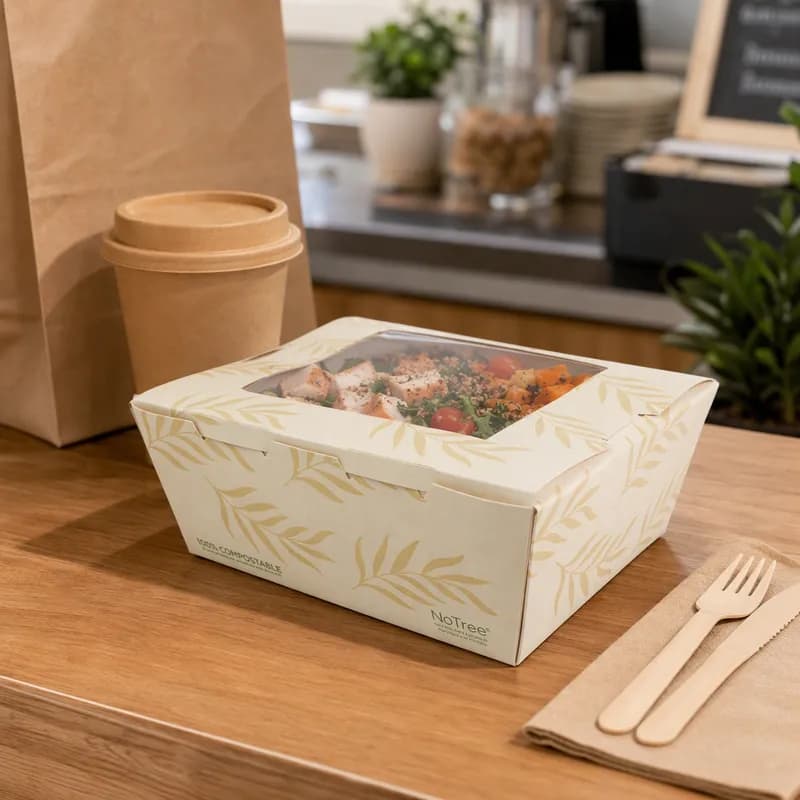 NoTree® #8 Take-Out Box Tuck-Top 7X5.7X2.5 IN Bamboo Paper PLA With Window 200/Case