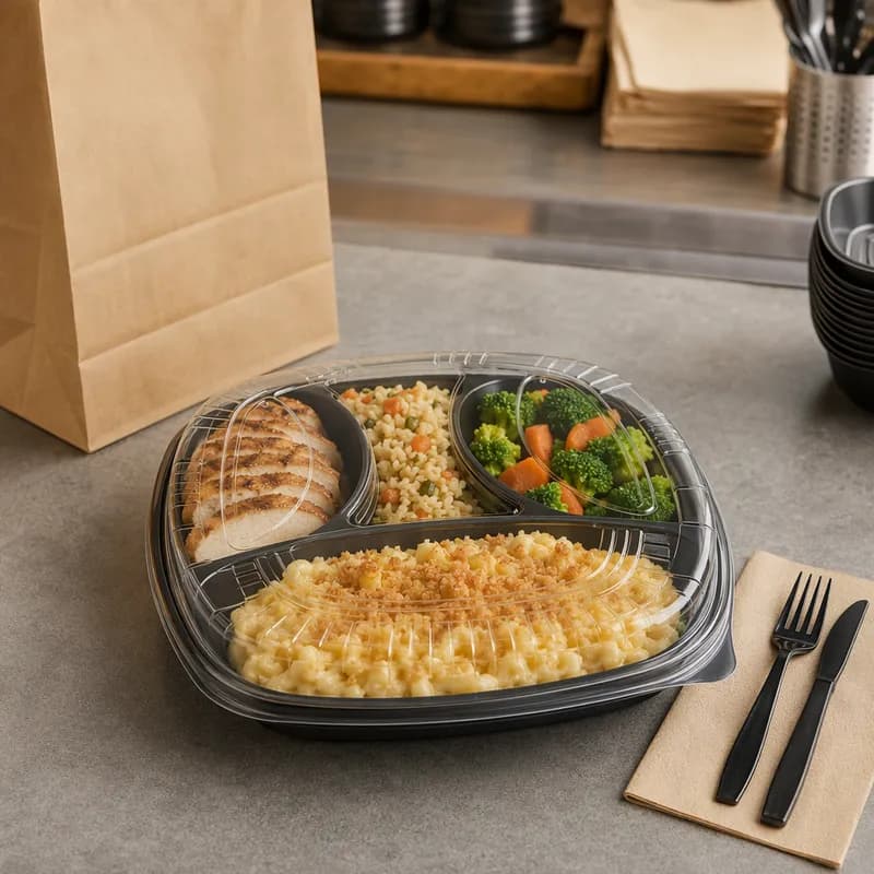 Take-Out Container Base & Lid Combo 14X14 IN 4 Compartment Square 25/Case
