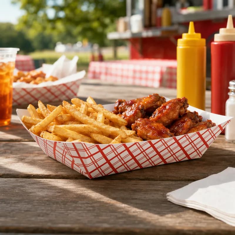Food Tray 2 LB Paperboard Red White Plaid 1000/Case