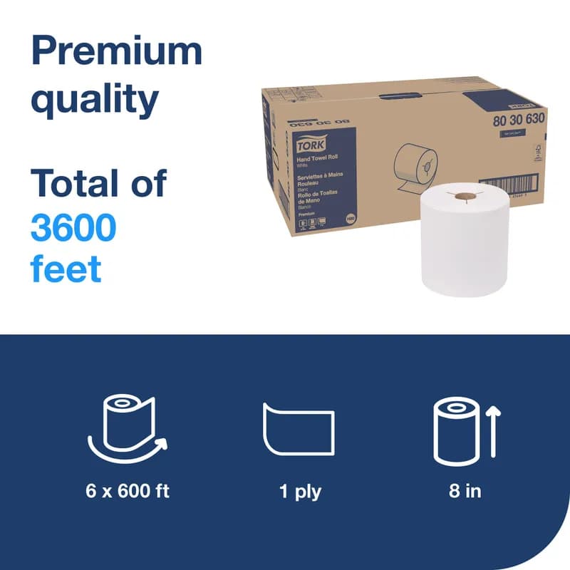 Tork Roll Paper Towel H80 7.938IN X600FT White Embossed Premium Refill 1 Count/Pack 6 Packs/Case 6 Count/Case