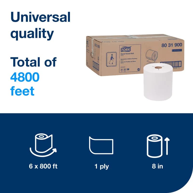 Tork Roll Paper Towel H80 8IN X800FT White Embossed Universal Refill 1 Count/Pack 6 Packs/Case 6 Count/Case