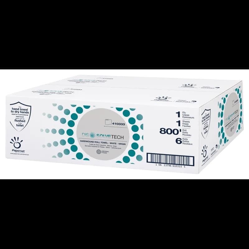 Papernet Dissolve Tech Roll Paper Towel 800 FT 1PLY Virgin Pulp Embossed Hardwound 2.01IN Core Diameter 6 Rolls/Case