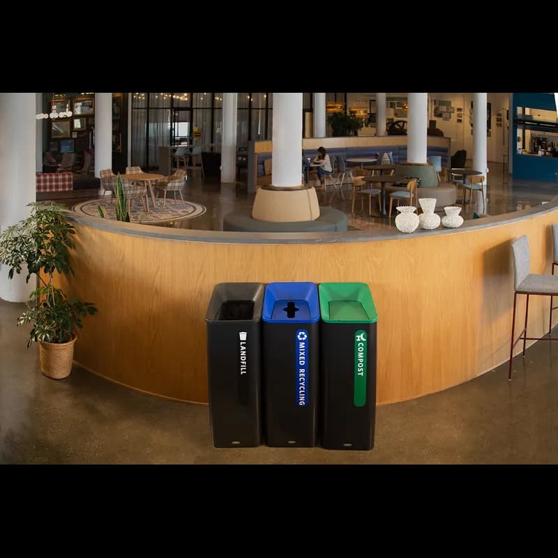 Mixed Recycling 1-Stream Multi-Stream Recycling 16.54X20.87X39.37 IN 15 GAL Black Blue Metal Resin W/Hinged Lid 1/Each
