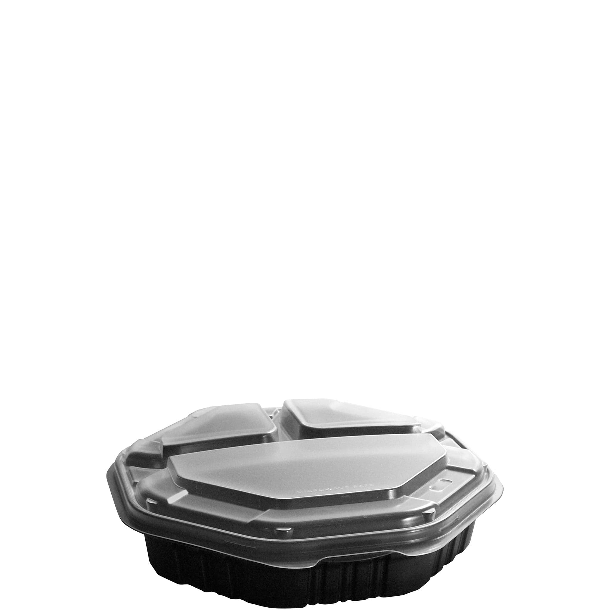 Solo® Creative Carryouts® OctaView® Take-Out Container Hinged 9.55X9.13X2.38 IN 3 Compartment PP Black Clear Convertible Vented 50 Count/Pack 2 Packs/Case
