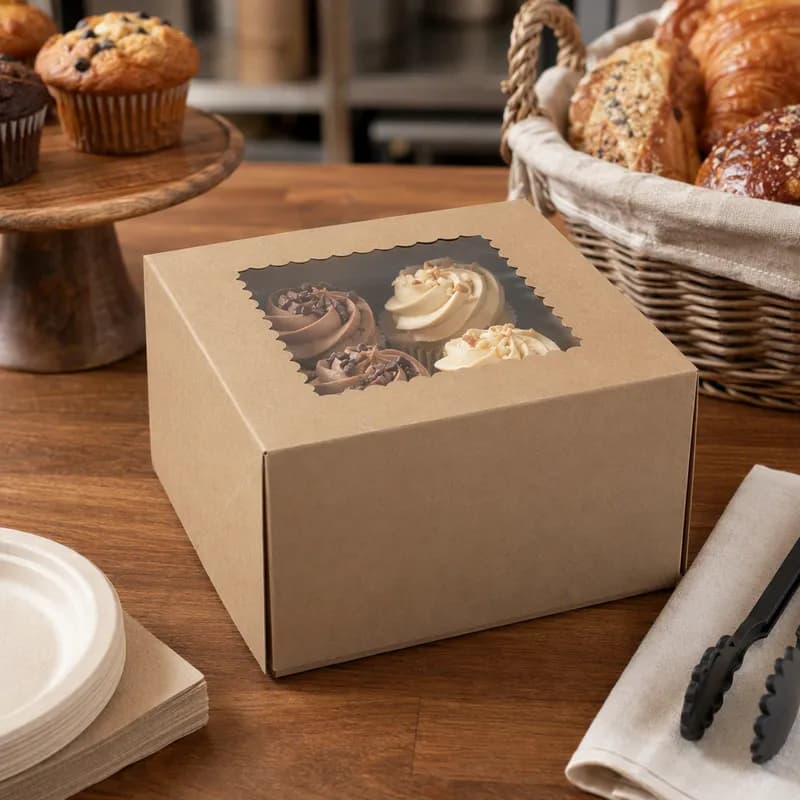 Bakery Box 9X9X5 IN Paperboard Kraft 4 Corner 1-Piece Automatic With Window 100/Bundle