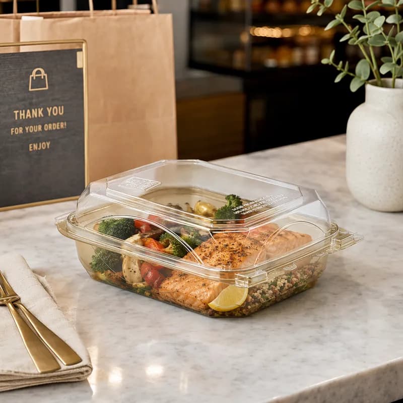The BOTTLEBOX ® Take-Out Container Hinged 8.6X6.6X2.88 IN RPET Gold Clear 200/Case