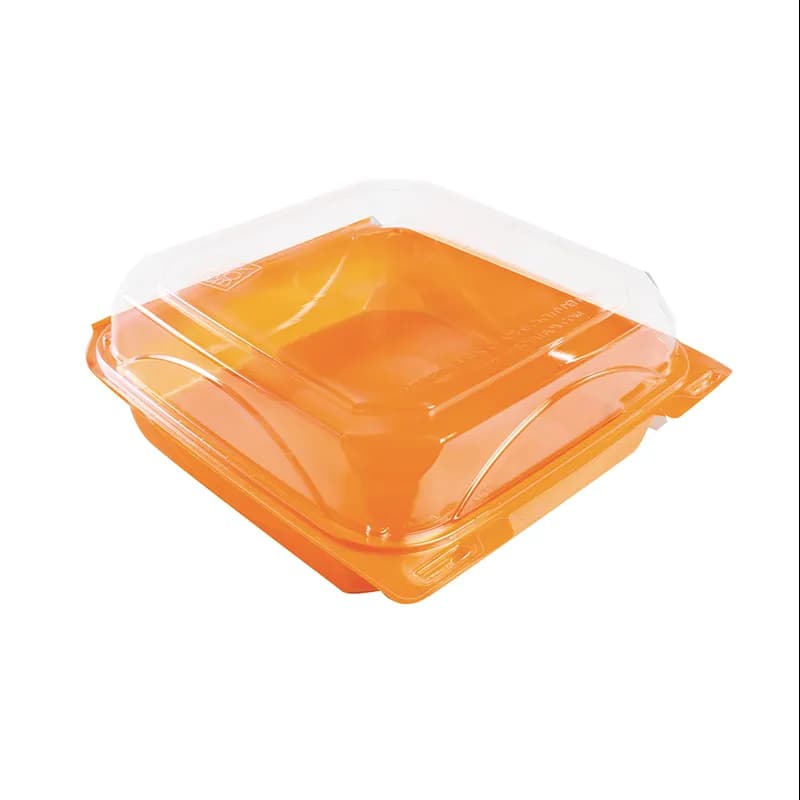 The BOTTLEBOX ® Take-Out Container Hinged With Dome Lid 8.46X7.96X2.88 IN RPET Tangerine Clear Square Squat 200/Case
