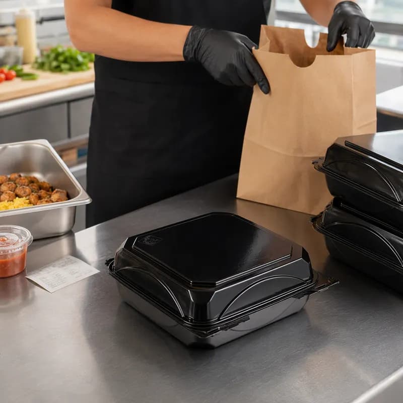 The BOTTLEBOX ® Take-Out Container Hinged 8.46X7.96X2.88 IN RPET Black Rectangle 200/Case