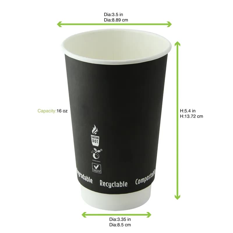 Cup 16 OZ Double Wall PLA Coated Paper Black 25 Count/Pack 20 Packs/Case 500 Count/Case