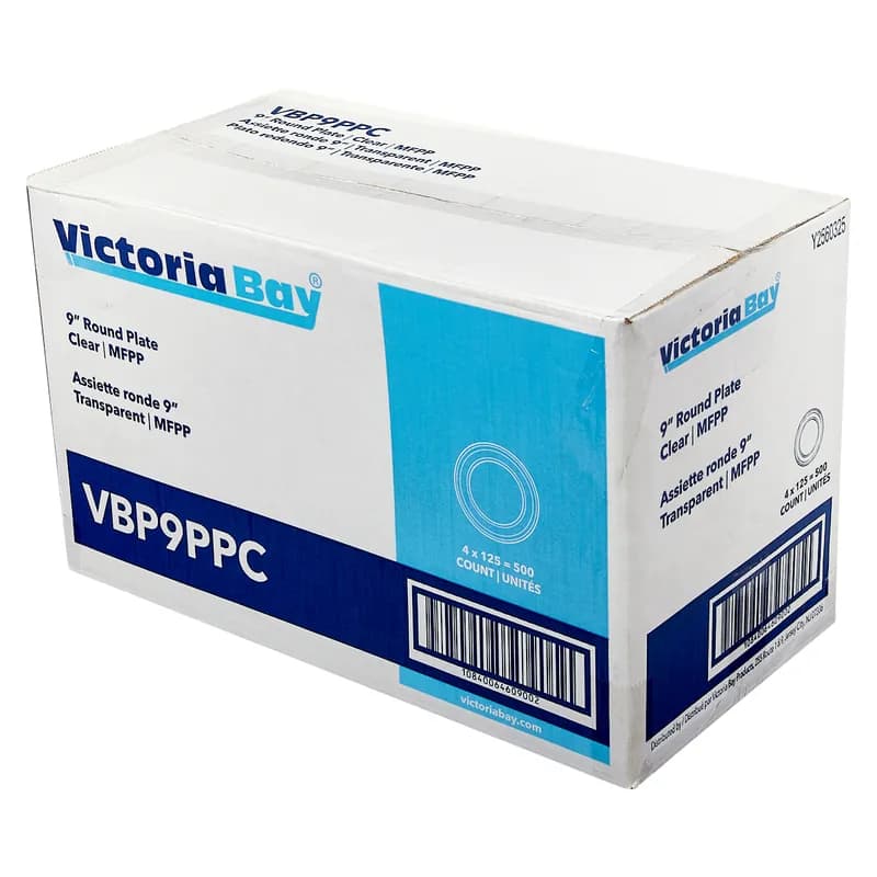 Victoria Bay Plate 9 IN Plastic Clear Round Heavyweight 125 Count/Pack 4 Packs/Case 500 Count/Case