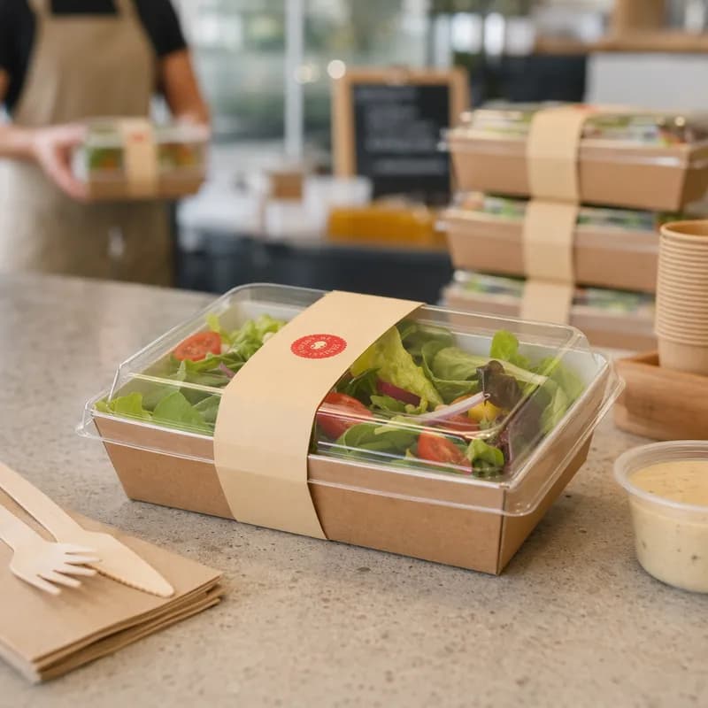 Salad Take-Out Container Base & Lid Combo 33.8 OZ Cardboard Brown With Strap 300/Case