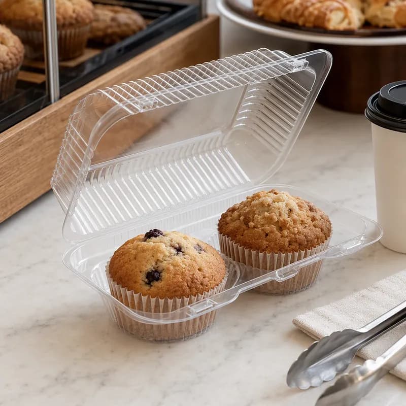 Essentials SureLock Muffin Hinged Container With Dome Lid 5.5 OZ 8.875X5.3125X3.375 IN 2 Compartment RPET Clear Rectangle 500/Case