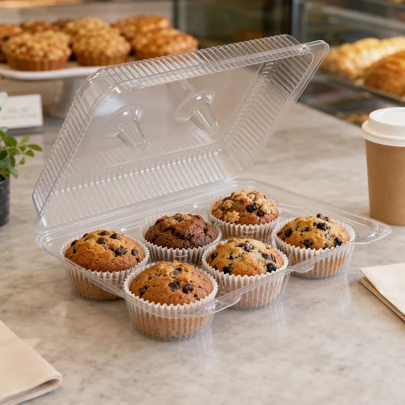 Essentials Muffin Hinged Container With Dome Lid 12.1875X8.75X3.25 IN 6 Compartment RPET Clear Rectangle 150/Case