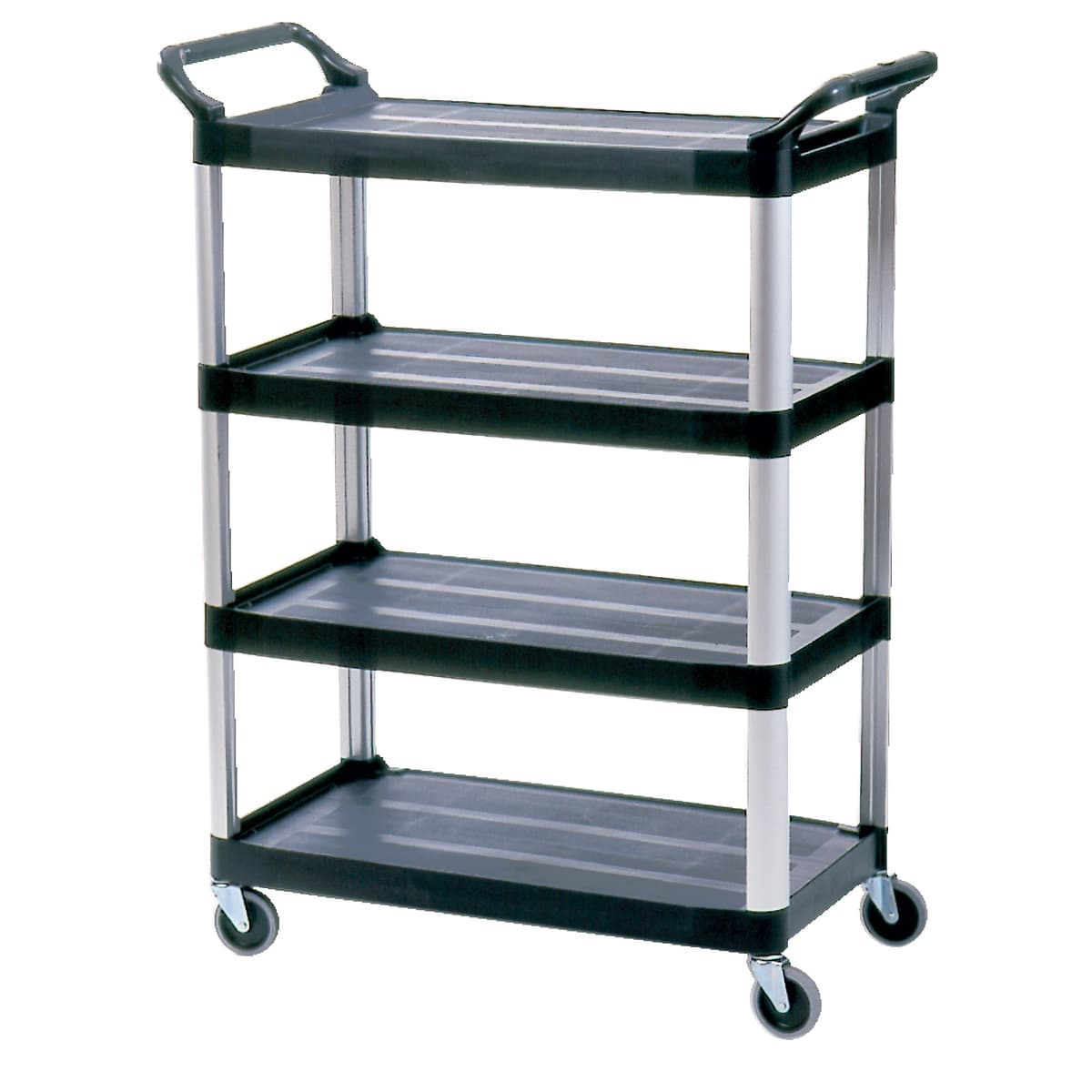 Xtra Utility Cart 40.6X20X51 IN 300 LB Black Gray Resin Open Sides 4-Shelf 4 IN TPR Caster 1/Each