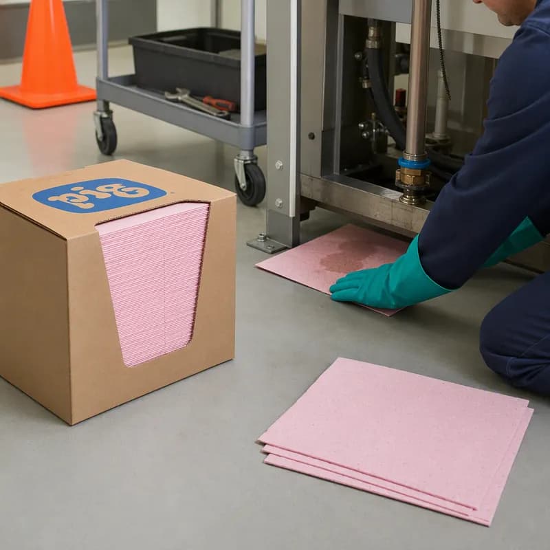 PIG® Indoor Chemical Absorbent Mat 15X20 IN 18 LB 22 GAL Pink Incinerable 100/Case